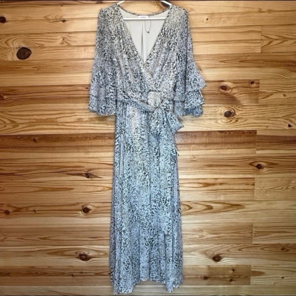 Une Ame Gold animal print tie waist maxi dress ruffle sleeves Extra large